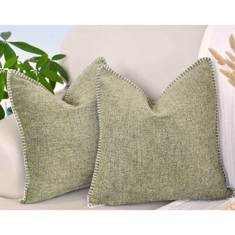 Olive Green Chenille Square Throw Pillow Covers with Piped Edges, 20x20, Set of 2