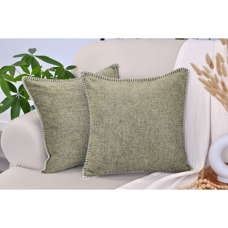Olive Green Chenille Square Throw Pillow Covers with Stitched Edge, Set of 2