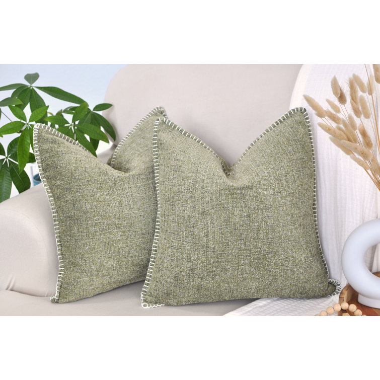 Olive Green Chenille Square Throw Pillow Covers with Stitched Edge, Set of 2