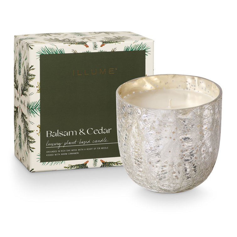 Large Silver Crackle Glass Soy Candle with Balsam & Cedar Scent