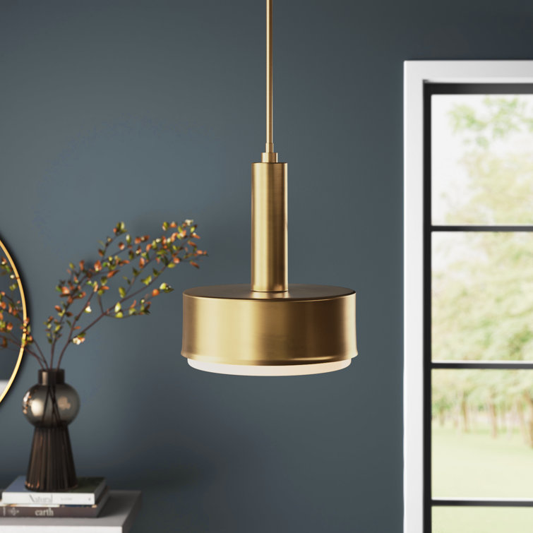 Lacquered Brass and Etched Opal Glass Drum Pendant Light