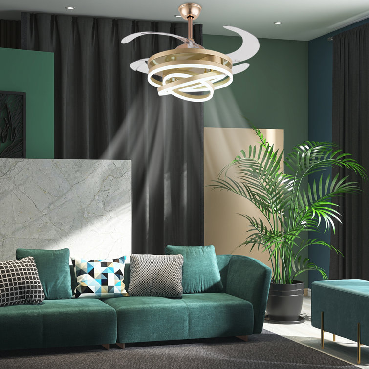 Gold Retractable LED Ceiling Fan Chandelier with Remote Control