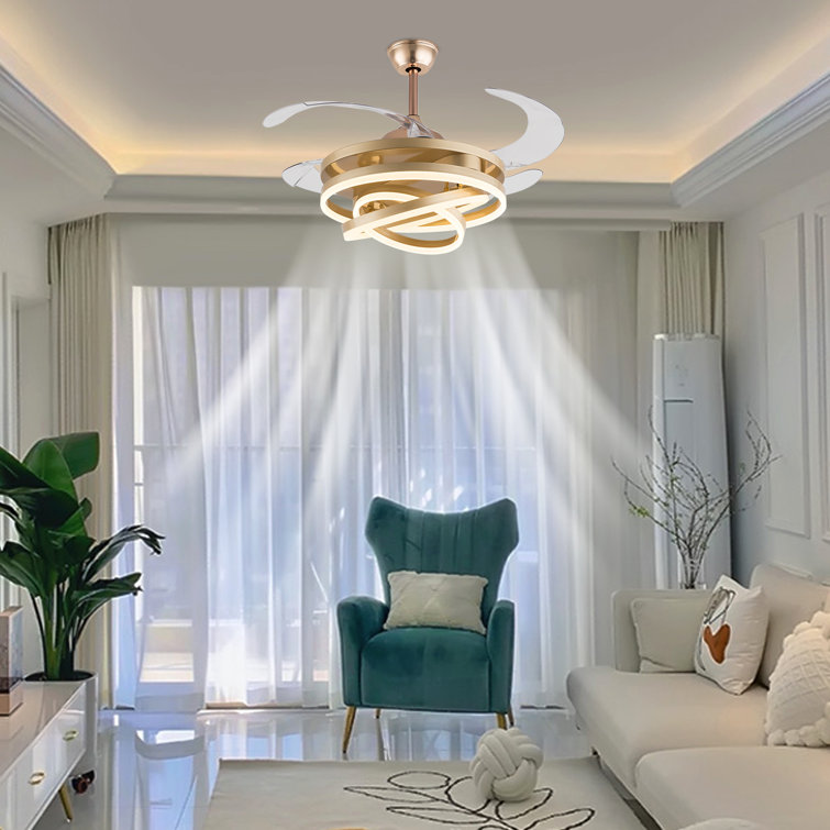 Gold Retractable LED Ceiling Fan Chandelier with Remote Control