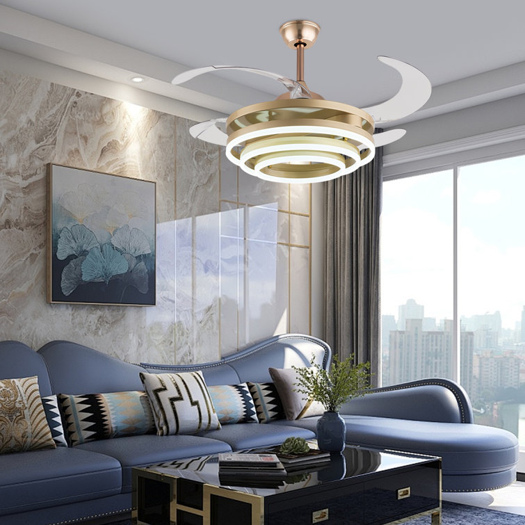 Gold Retractable LED Ceiling Fan Chandelier with Remote Control