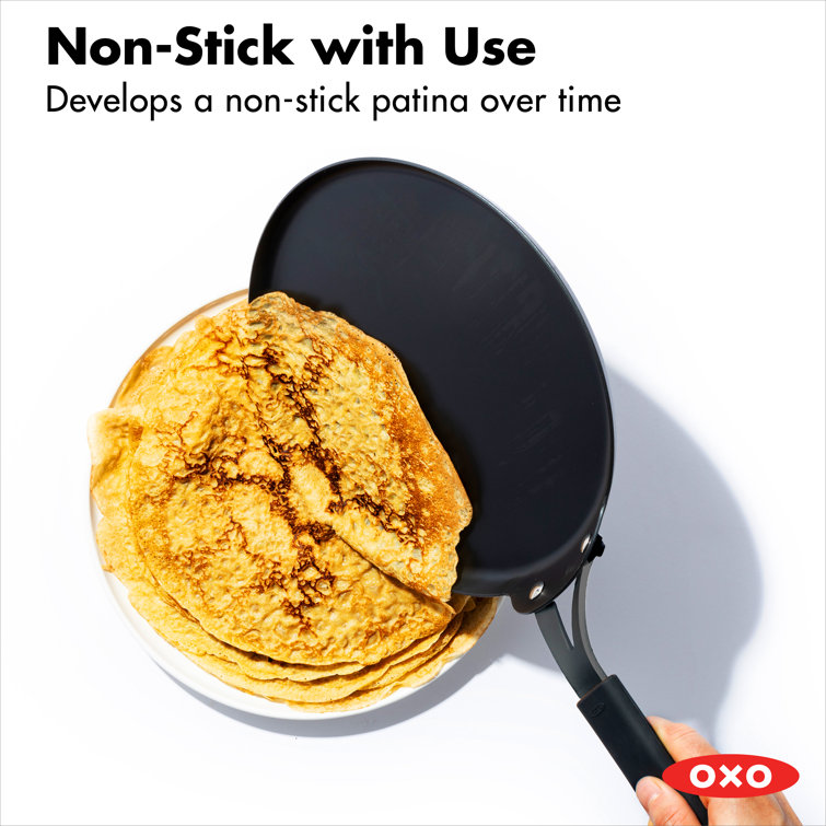 OXO Obsidian Black Carbon Steel 10" Crepe Pan with Silicone Sleeve