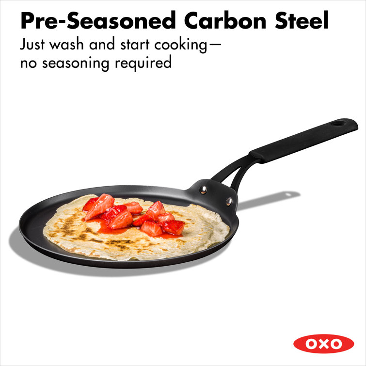 OXO Obsidian Black Carbon Steel 10" Crepe Pan with Silicone Sleeve