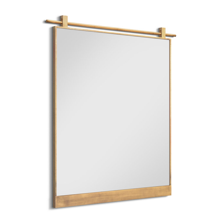 Antique Brass Rectangular Bathroom Mirror with Wood Accents