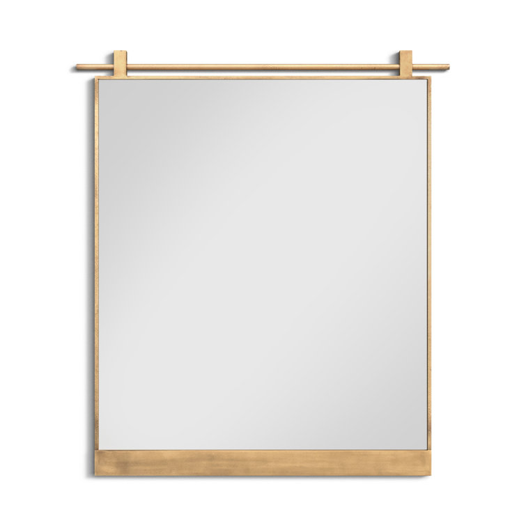 Antique Brass Rectangular Bathroom Mirror with Wood Accents
