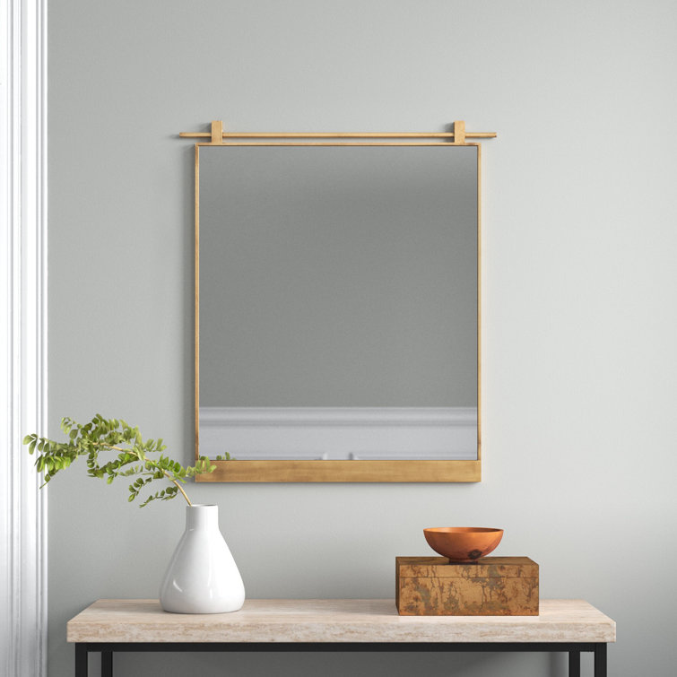 Antique Brass Rectangular Bathroom Mirror with Wood Accents