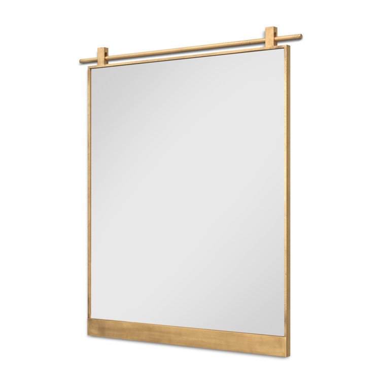 Antique Brass Rectangular Bathroom Mirror with Wood Accents