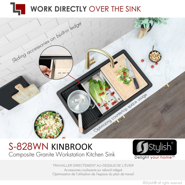 Pietra STYLISH Kinbrook Dual Mount 28" Workstation Single-Bowl Composite Granite Kitchen Sink