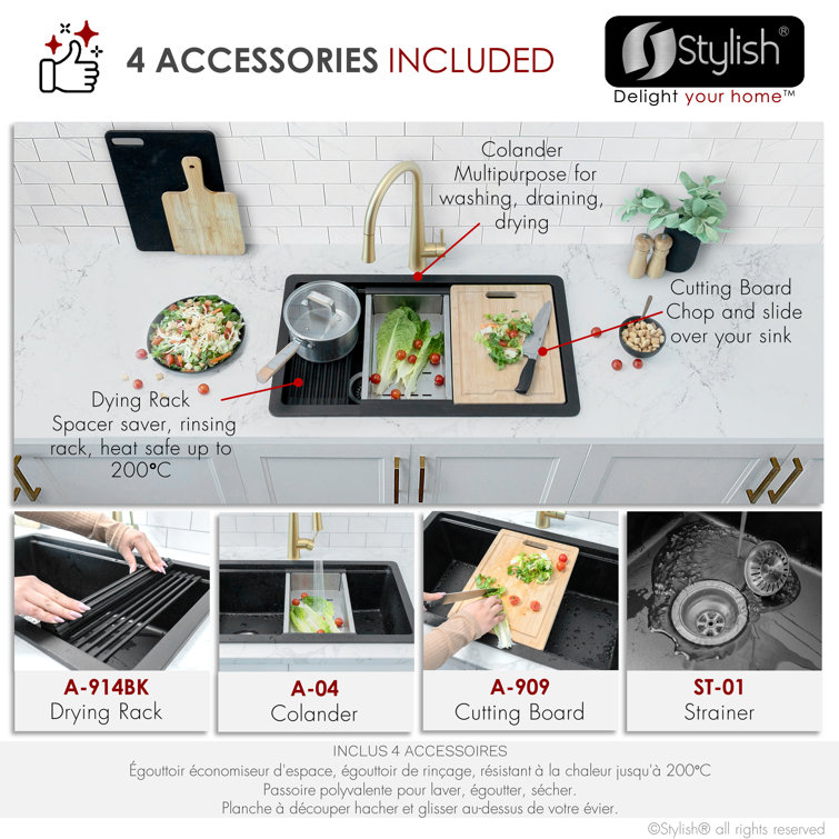 Pietra STYLISH Kinbrook Dual Mount 28" Workstation Single-Bowl Composite Granite Kitchen Sink