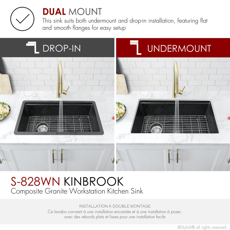 Pietra STYLISH Kinbrook Dual Mount 28" Workstation Single-Bowl Composite Granite Kitchen Sink