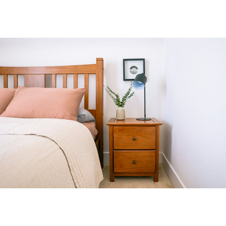 King Walnut Pine Wood Slat Bed with Drawer