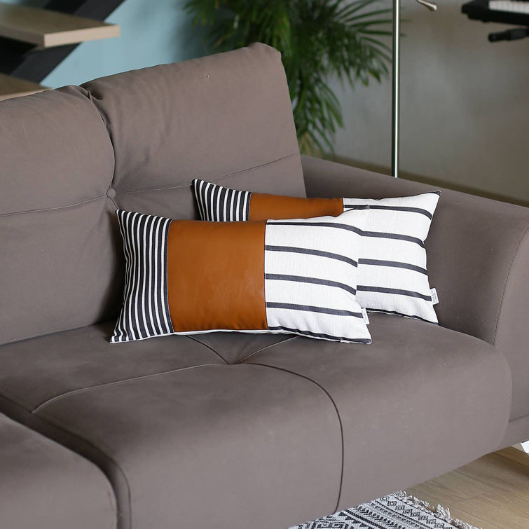 Brown and Ivory Striped Faux Leather Lumbar Pillow Covers, 12" x 20"