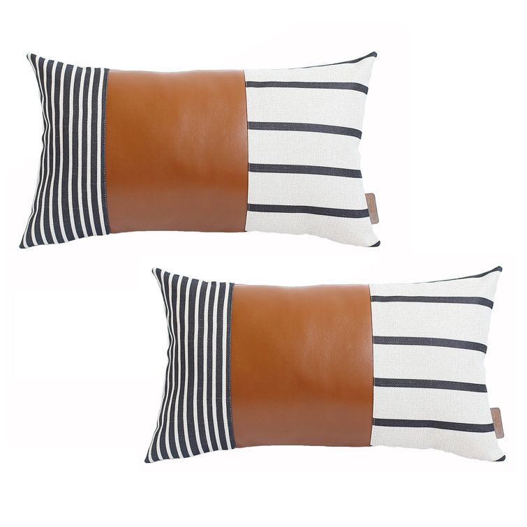 Brown and Ivory Striped Faux Leather Lumbar Pillow Covers, 12" x 20"