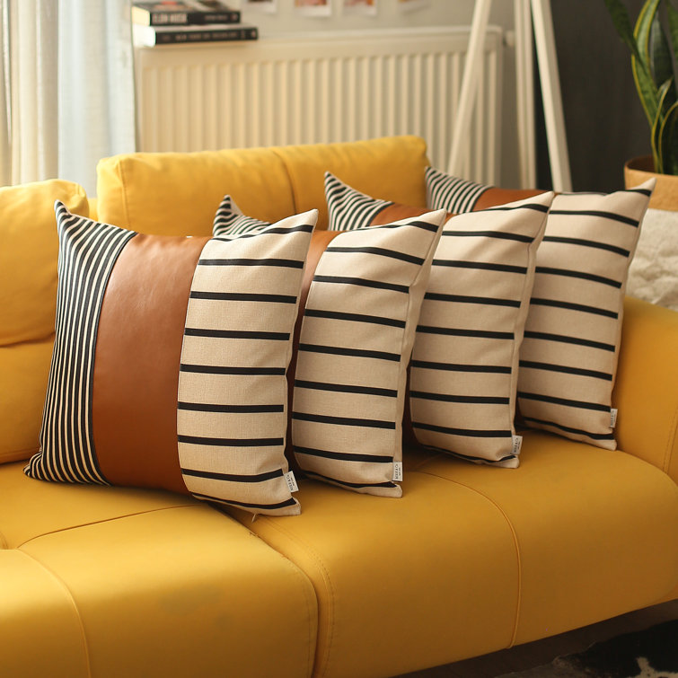 Brown and Ivory Faux Leather Striped Throw Pillow Covers, 17" x 17", Set of 4