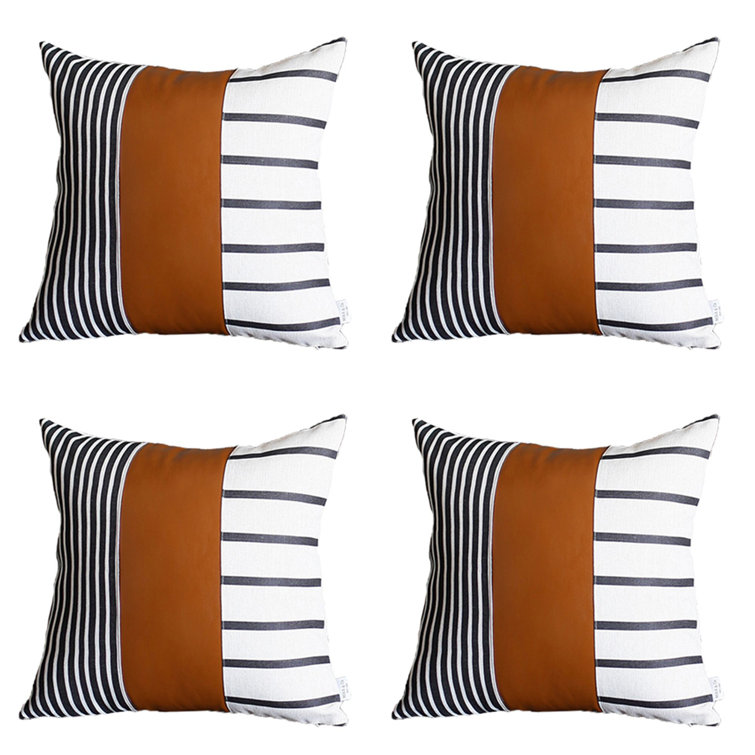 Brown and Ivory Faux Leather Striped Throw Pillow Covers, 17" x 17", Set of 4