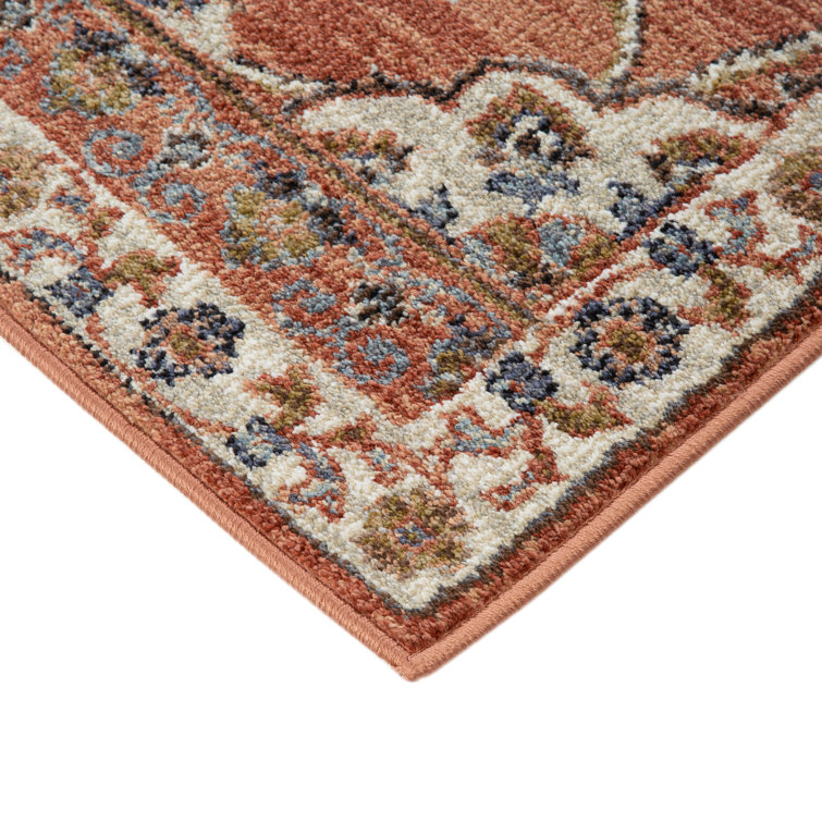 Ivory and Orange Floral Rectangular Synthetic Area Rug