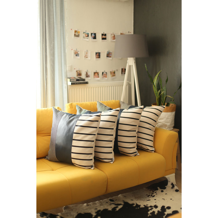 Brown and Ivory Faux Leather Striped Pillow Covers, 22" x 22", Set of 4