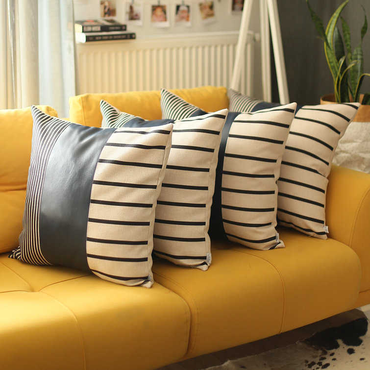 Brown and Ivory Faux Leather Striped Pillow Covers, 22" x 22", Set of 4