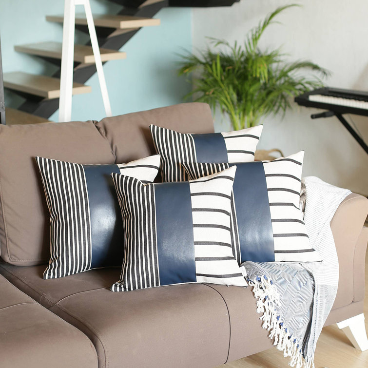 Brown and Ivory Faux Leather Striped Throw Pillow Covers, 17" x 17", Set of 4