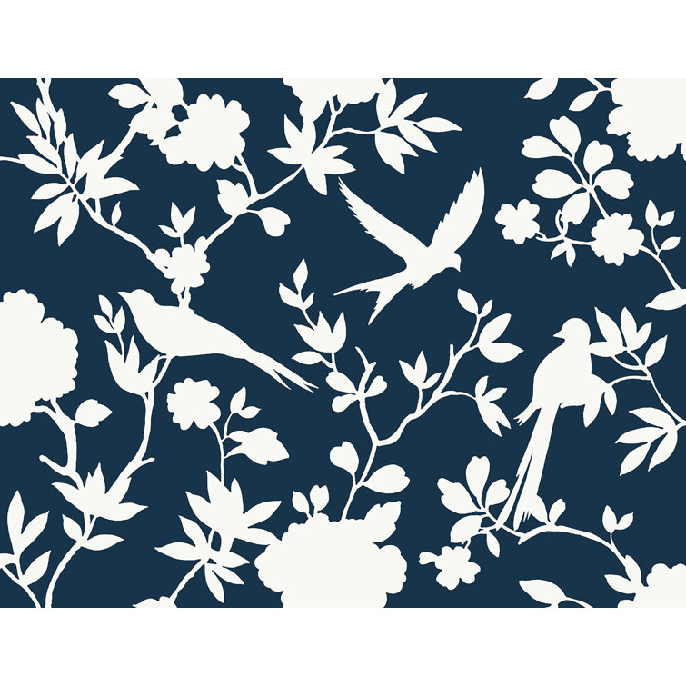 Denim Blue Kauai Bird Toile Embossed Vinyl Wallpaper Roll