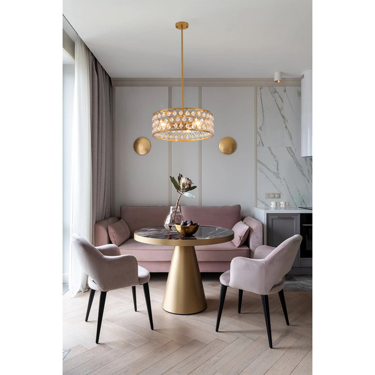 Elegant Black and Gold Metal Drum Chandelier with Clear Crystals