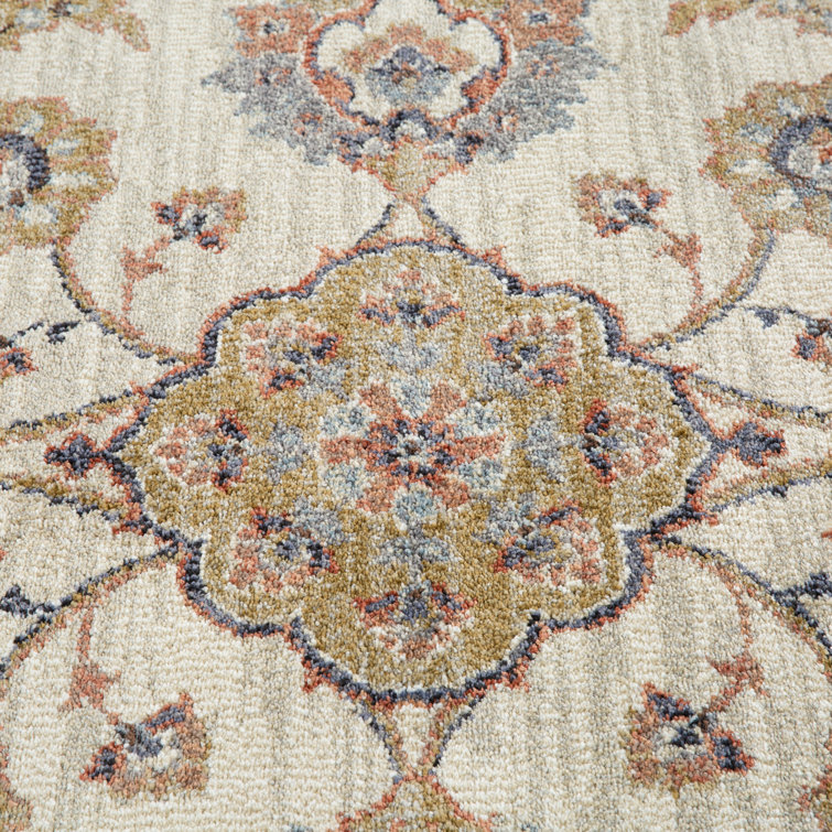 Ivory and Multicolor Synthetic Floral Accent Rug with Trim Embellishment