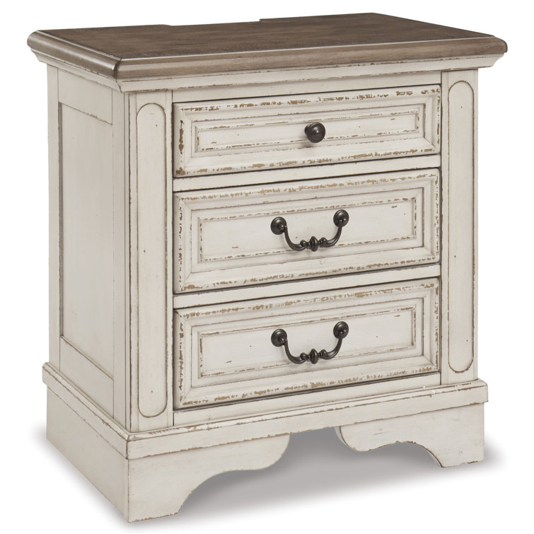 Chipped White & Distressed Wood 3-Drawer Nightstand with USB Ports