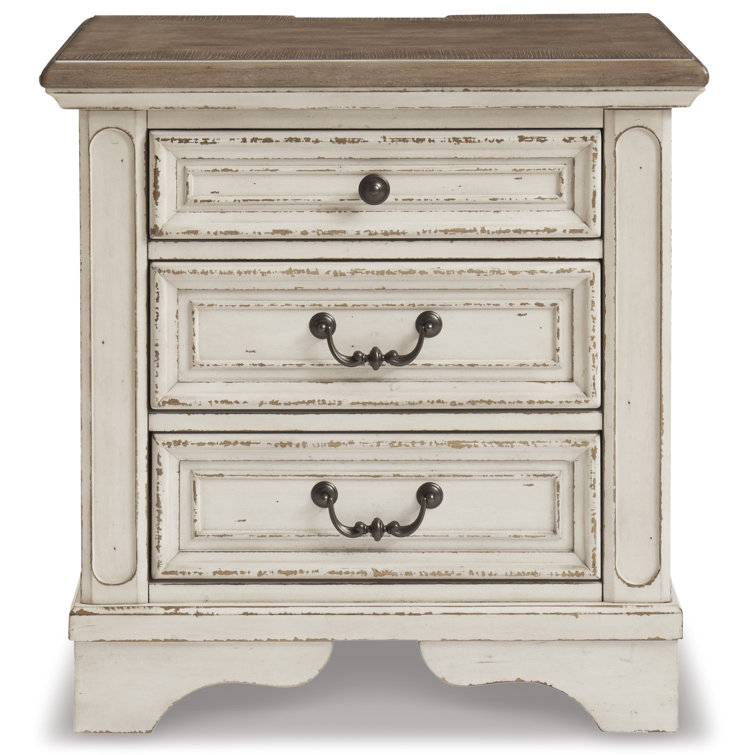 Chipped White & Distressed Wood 3-Drawer Nightstand with USB Ports