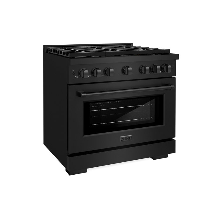 36" Black Stainless Steel Gas Range with Convection Oven and Brass Burners