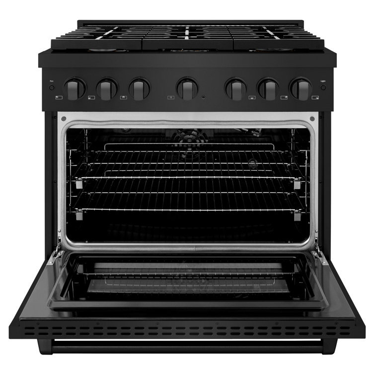 36" Black Stainless Steel Gas Range with Convection Oven and Brass Burners