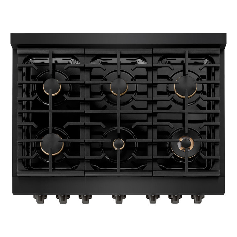36" Black Stainless Steel Gas Range with Convection Oven and Brass Burners