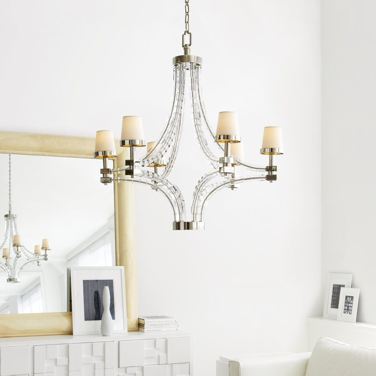 Polished Nickel Crystal 6-Light Chandelier with Candle Shades