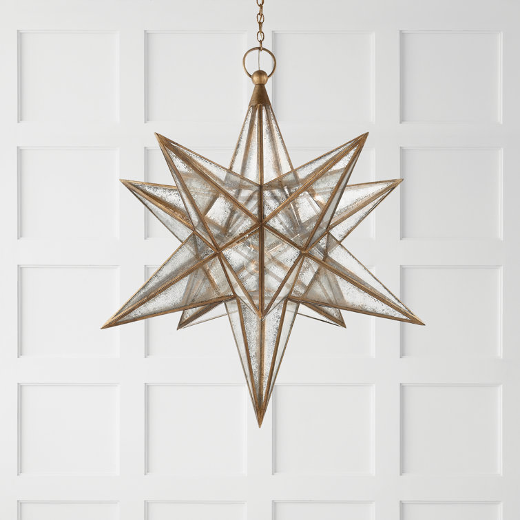 Large Antique Mirror Glass Star Pendant in Gilded Iron