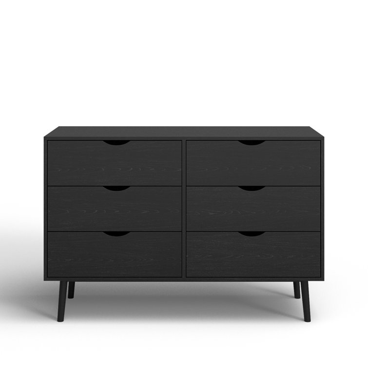 Indra Black Mid-century Modern Double Dresser with Six Drawers