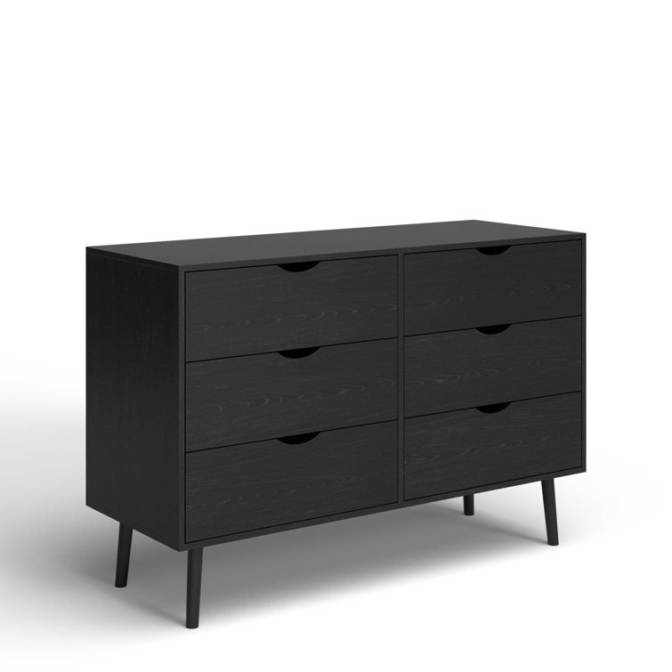 Indra Black Mid-century Modern Double Dresser with Six Drawers
