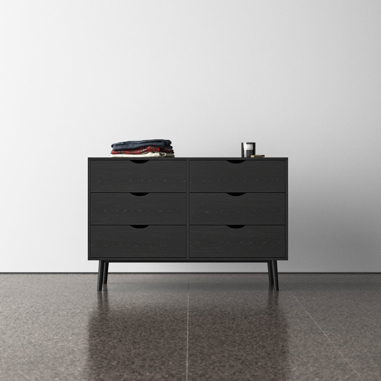 Indra Black Mid-century Modern Double Dresser with Six Drawers