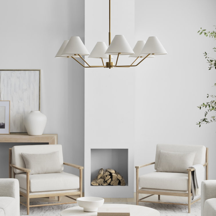 Elegant Mid-Century Satin Brass 6-Light Chandelier with White Linen Shade