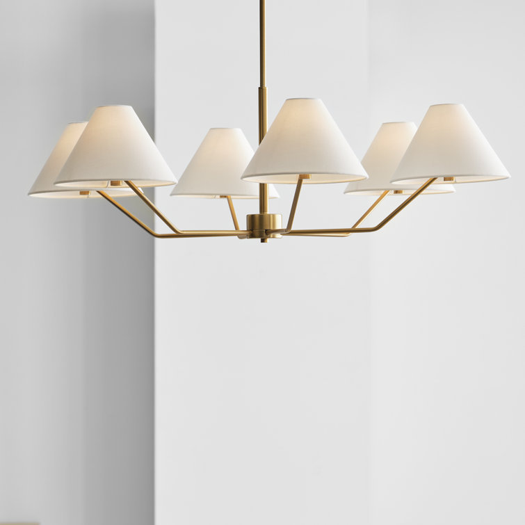 Elegant Mid-Century Satin Brass 6-Light Chandelier with White Linen Shade