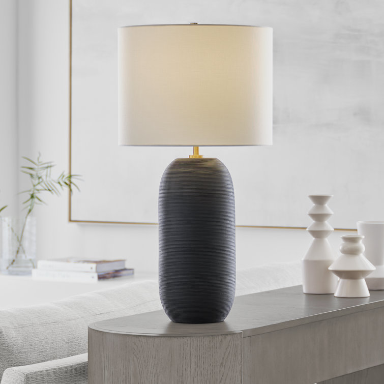Rough Black Ceramic Table Lamp with White Linen Shade