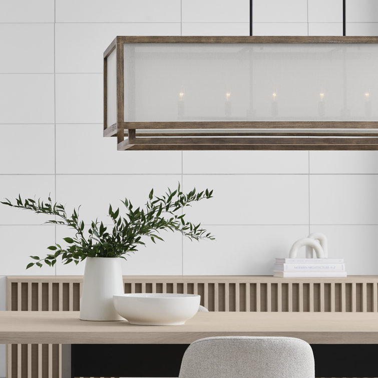Weathered Oak Wood and White Linen 6-Light Linear Pendant