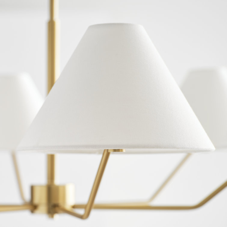 Elegant Mid-Century Satin Brass 6-Light Chandelier with White Linen Shade