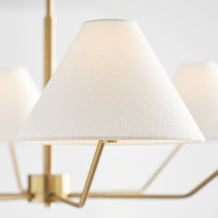 Elegant Mid-Century Satin Brass 6-Light Chandelier with White Linen Shade