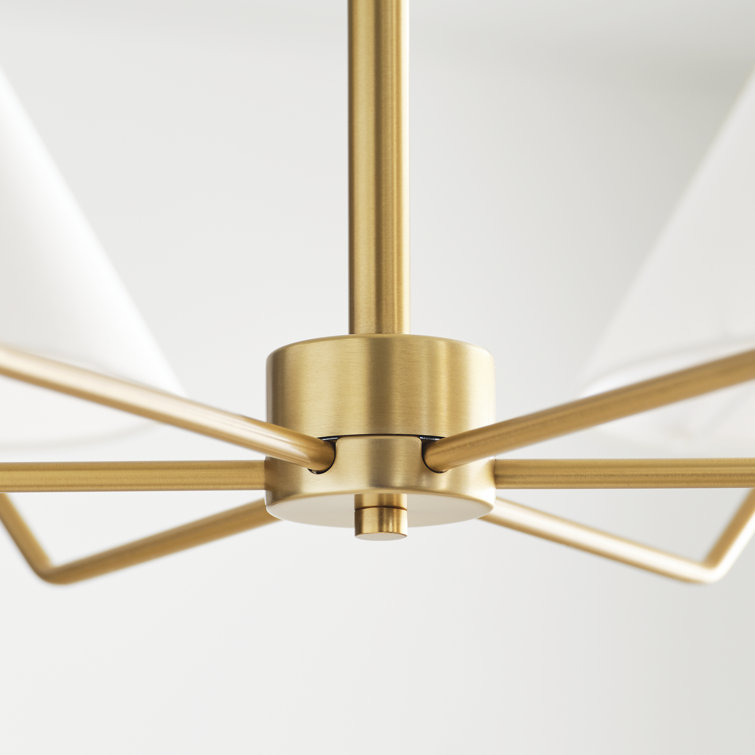 Elegant Mid-Century Satin Brass 6-Light Chandelier with White Linen Shade
