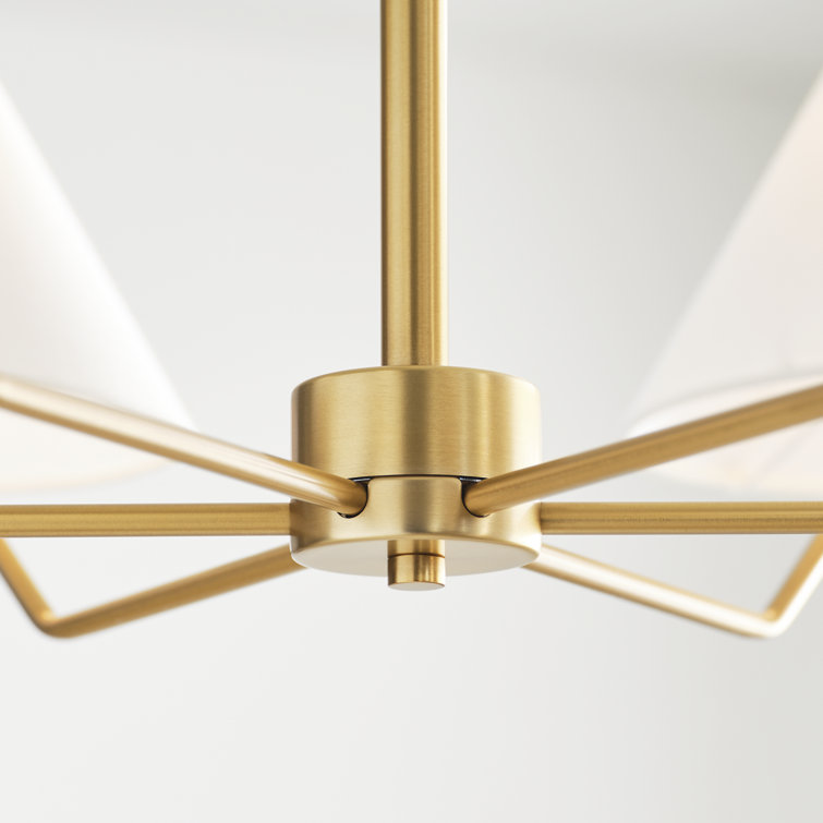 Elegant Mid-Century Satin Brass 6-Light Chandelier with White Linen Shade