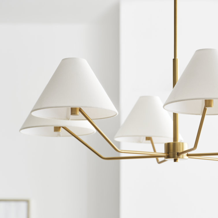 Elegant Mid-Century Satin Brass 6-Light Chandelier with White Linen Shade