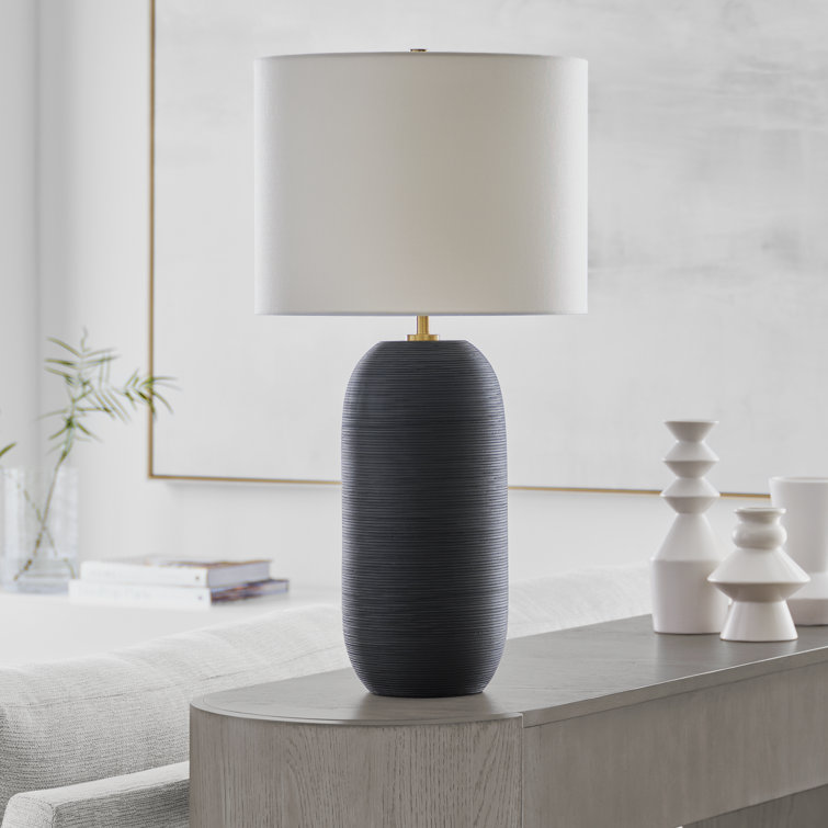 Rough Black Ceramic Table Lamp with White Linen Shade