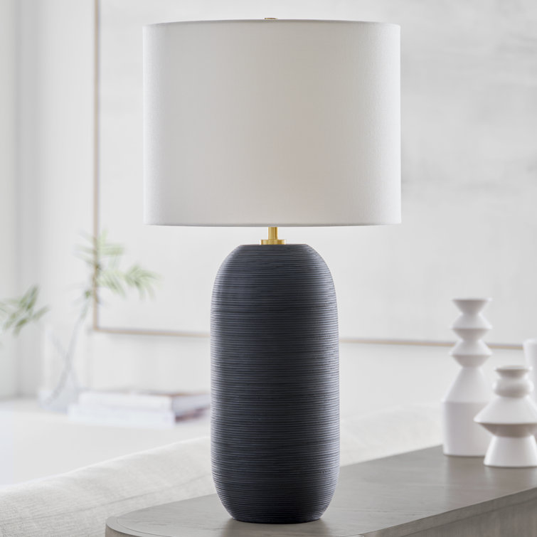 Rough Black Ceramic Table Lamp with White Linen Shade